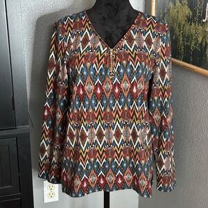Rafaella Womens Large Tunic Tribal Print Top Zip Neck Boho Southwestern‎ Stretch